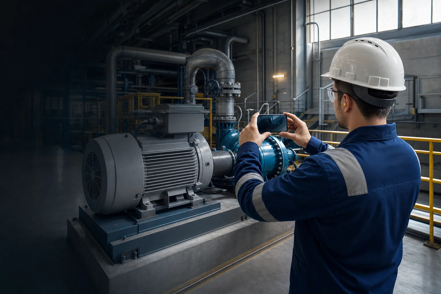 Técnico inventariando un motor industrial con AssetInvent
