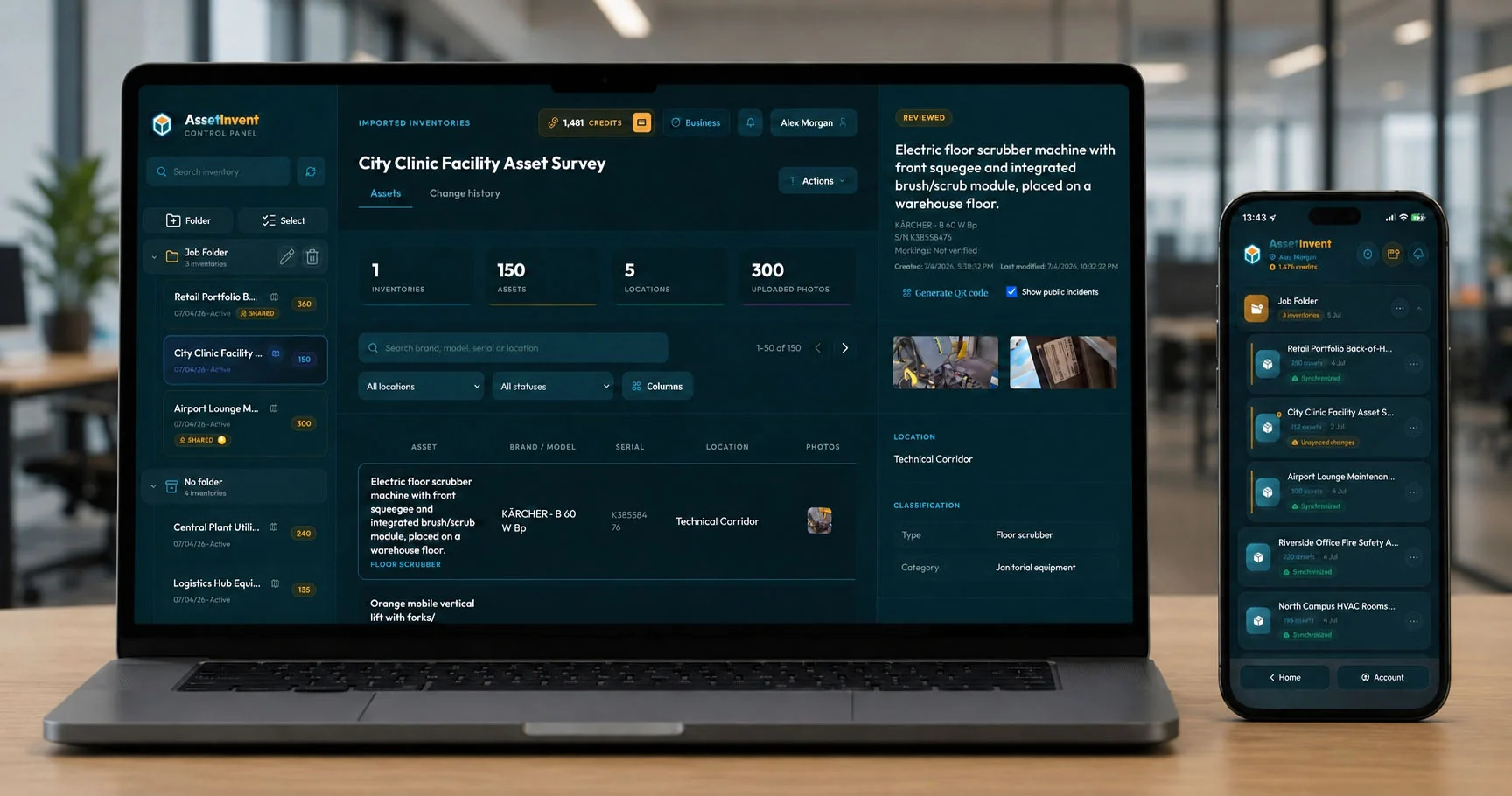 AssetInvent funcionando en la app móvil y en el panel web con inventarios, activos y ubicaciones